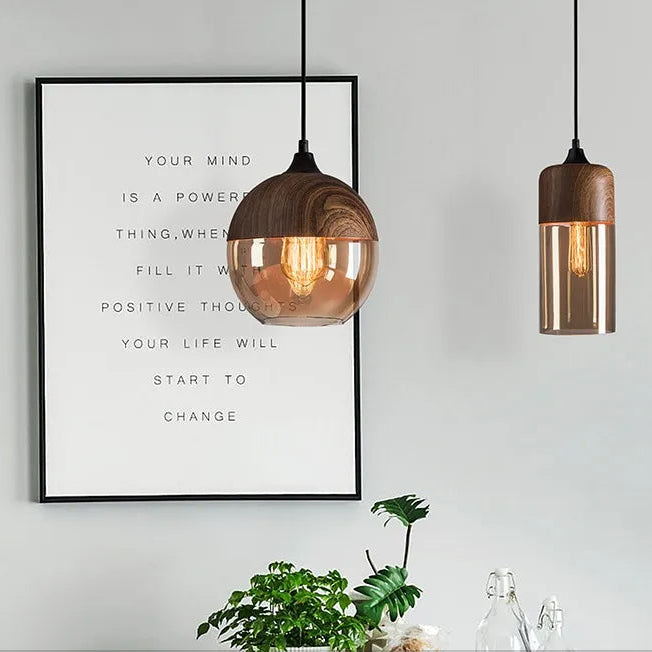 Suspension bois et verre fumé boule bi-matière design vintage 1.7