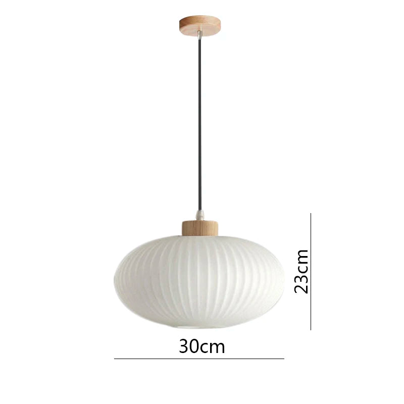 Suspension verre blanc rainuré et bois boule design vintage