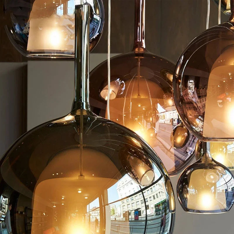 Suspension verre globe fumé cloche blanche design moderne