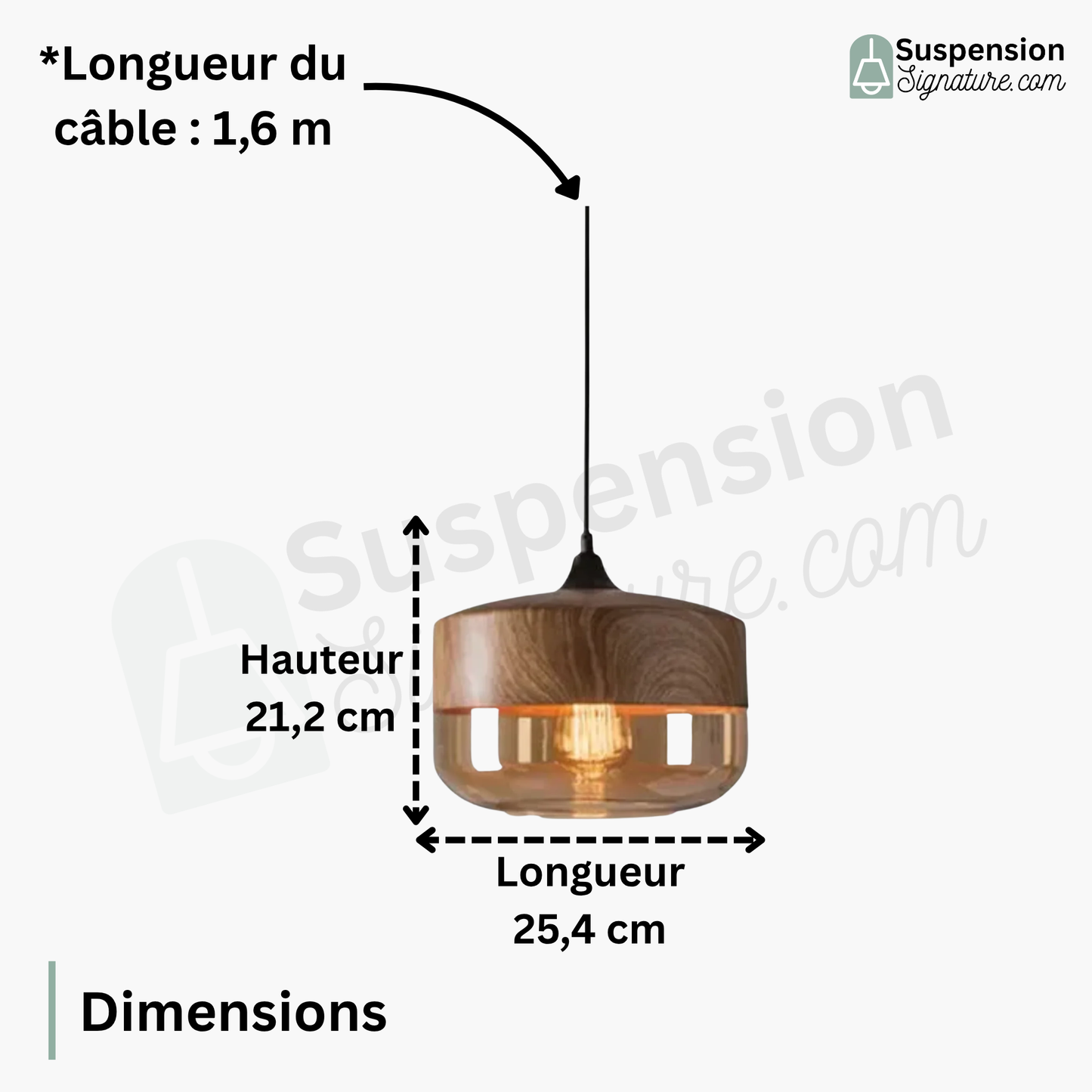Suspension bois et verre fumé plate bi-matière design vintage