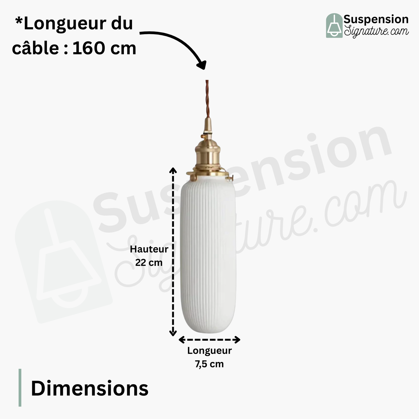 Suspension céramique blanche rainurée et cuivre allongée vintage