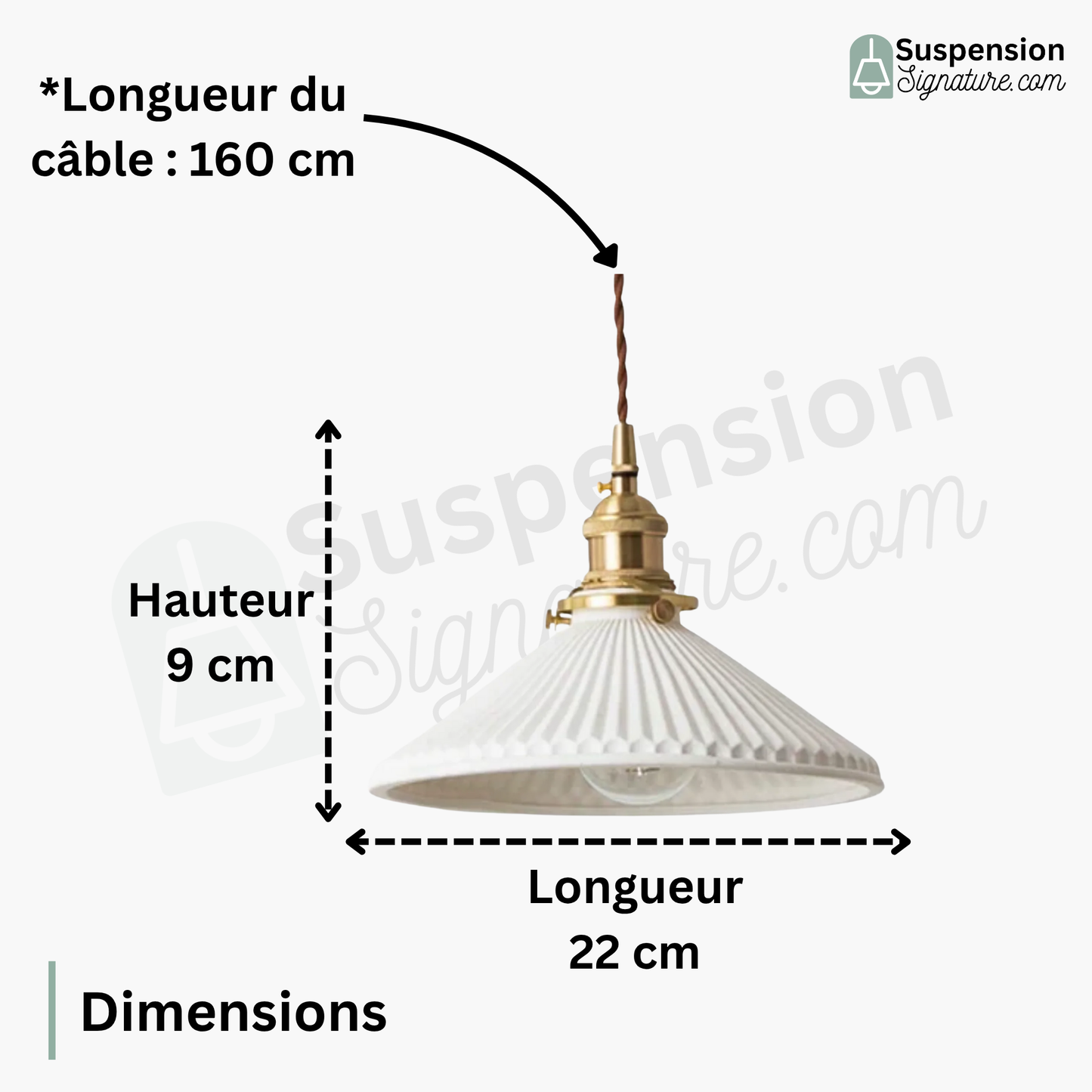 Suspension céramique blanche rainurée et cuivre triangulaire vintage