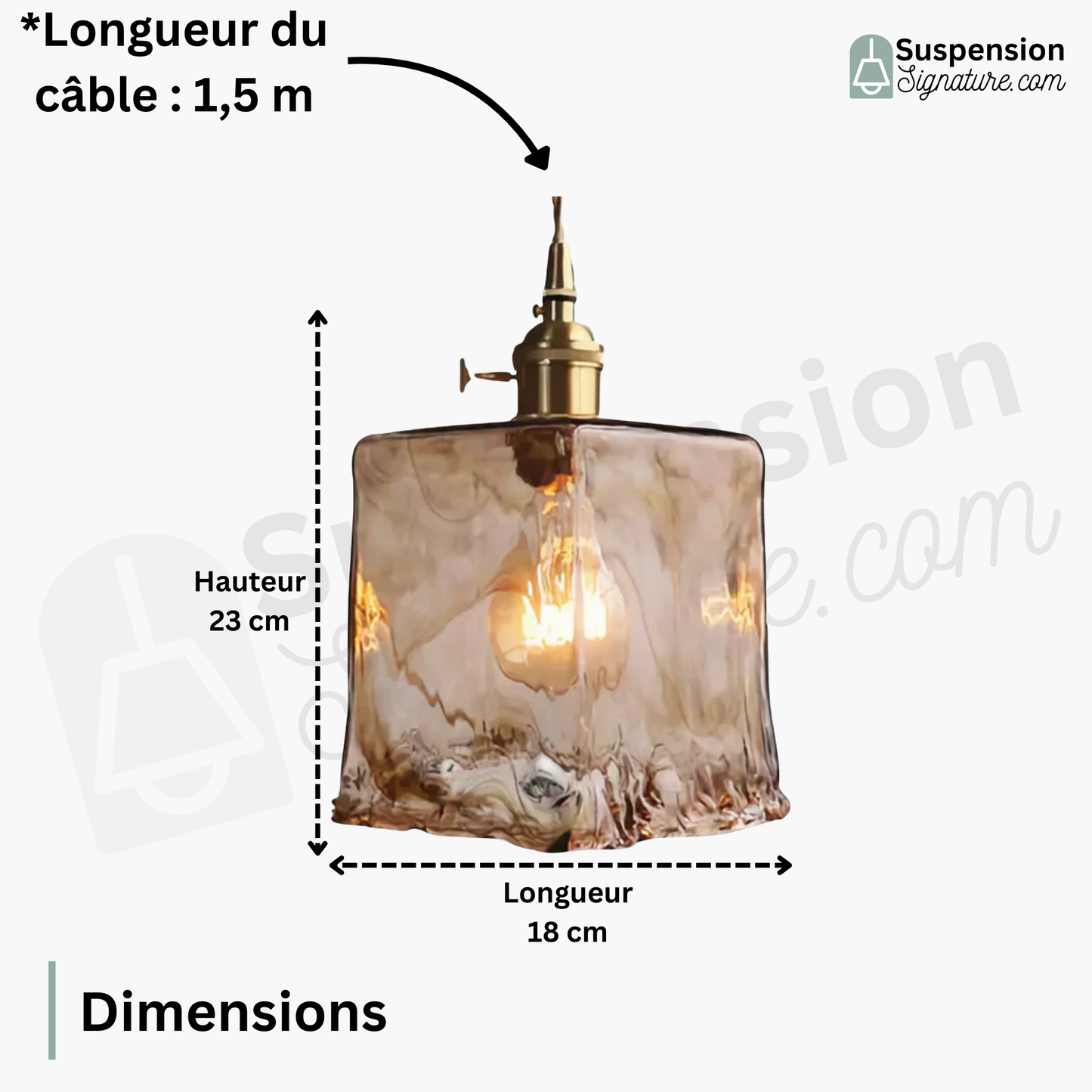 Suspension laiton et verre fumé design vintage rectangulaire