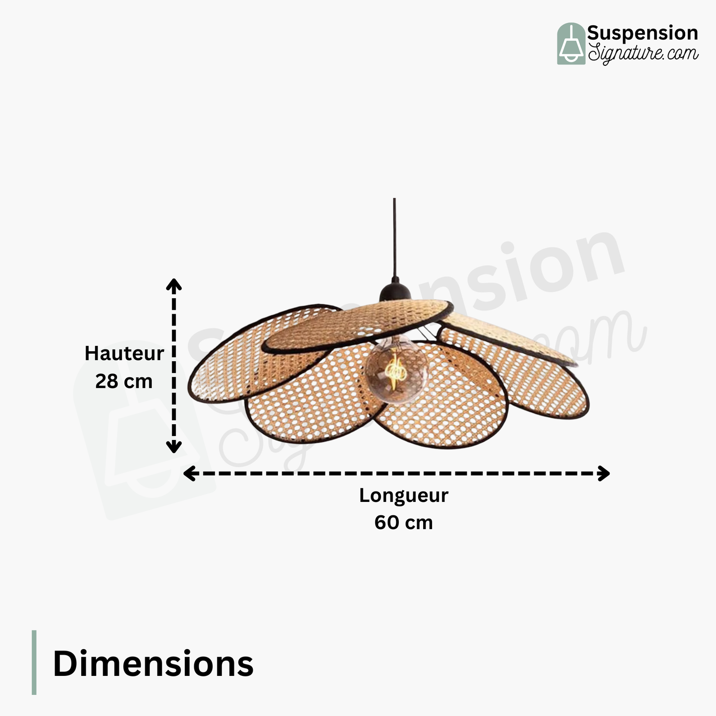 Suspension rotin et bambou cannage pétales fleur vintage