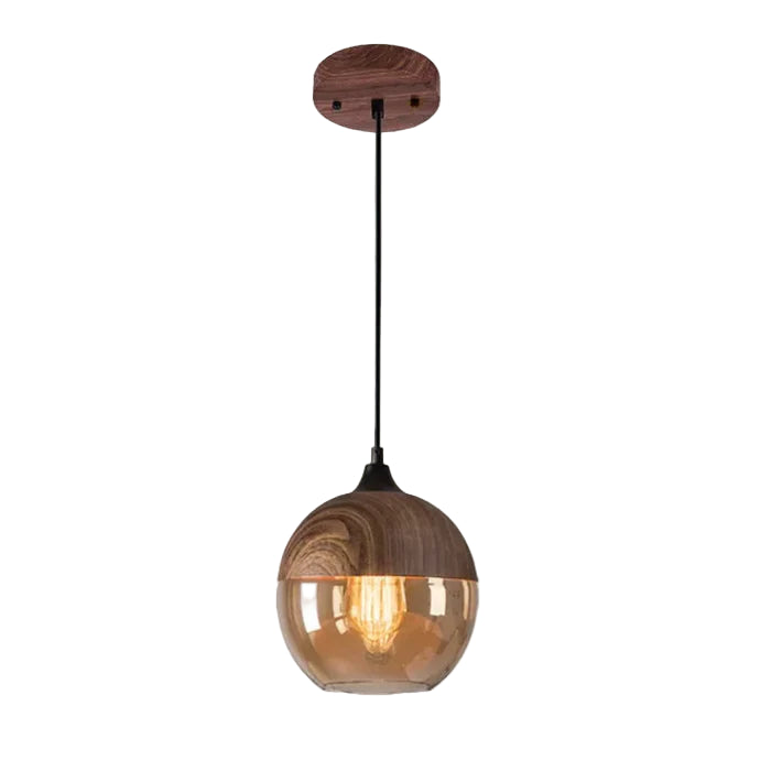 Suspension bois et verre fumé boule bi-matière design vintage 1.7