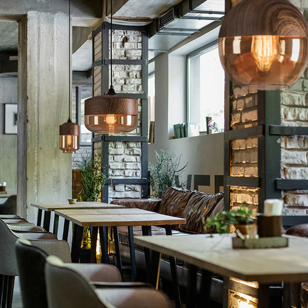 Suspension bois et verre fumé plate bi-matière design vintage