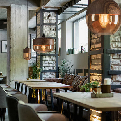 Suspension bois et verre fumé plate bi-matière design vintage