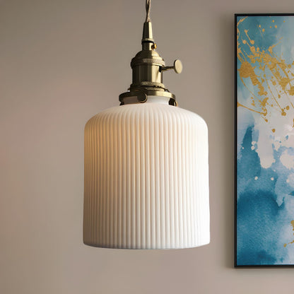 Suspension céramique blanche rainurée et cuivre cloche vintage