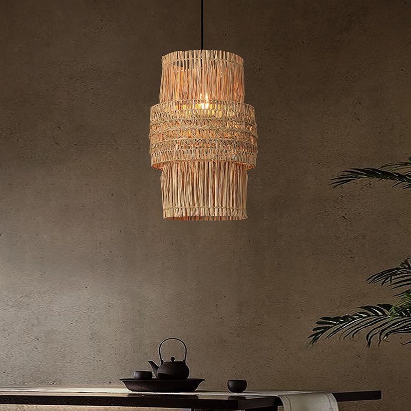 Suspension double cylindres en osier raphia bohème