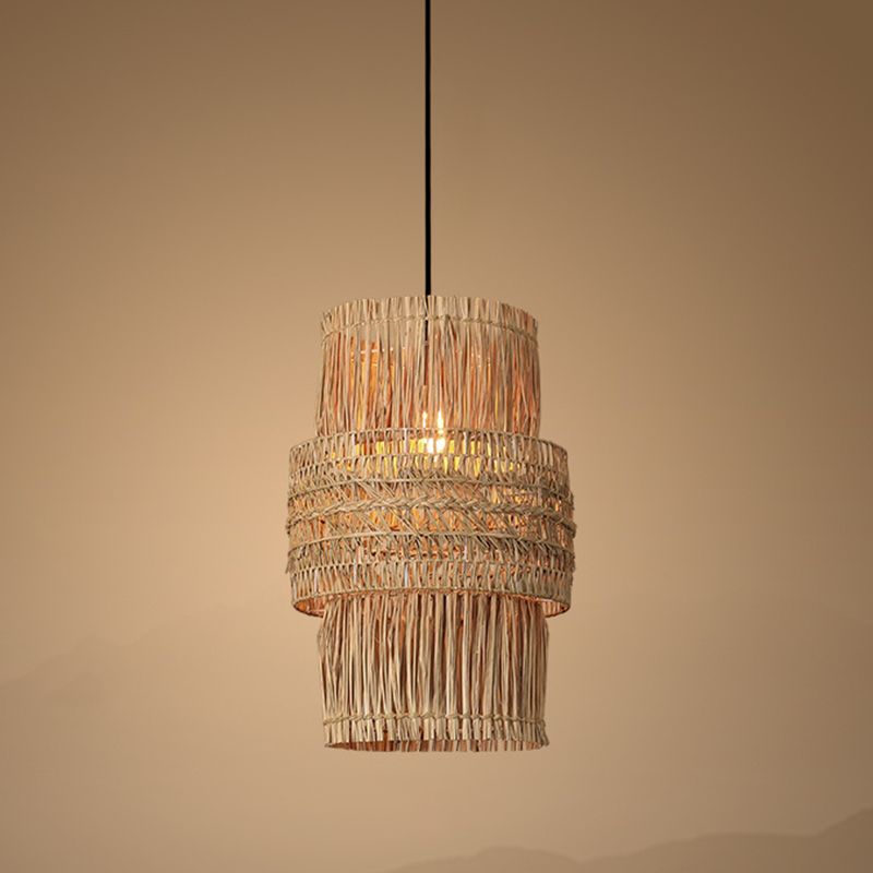 Suspension double cylindres en osier raphia bohème