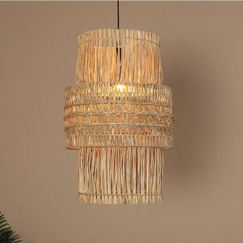 Suspension double cylindres en osier raphia bohème