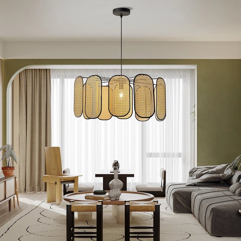 Suspension Cannage en Rotin Vintage Pales Liserés Noirs