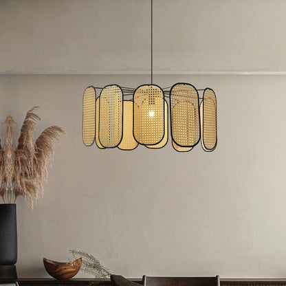 Suspension Cannage en Rotin Vintage Pales Liserés Noirs