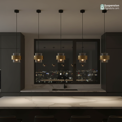 Suspension cylindres verre fumé et laiton design art déco