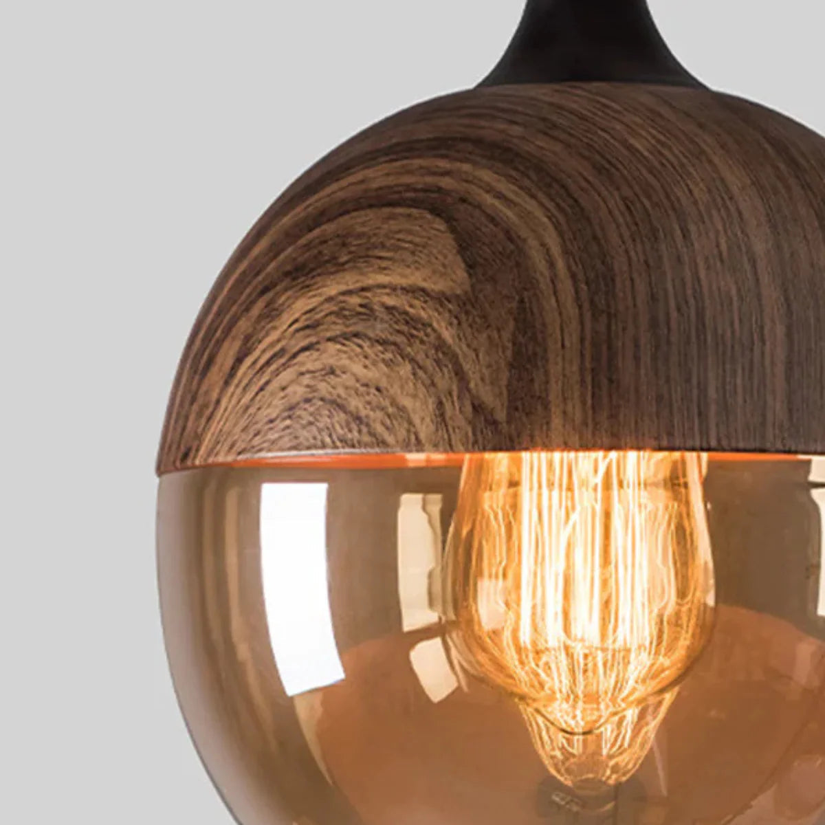 Suspension bois et verre fumé boule bi-matière design vintage
