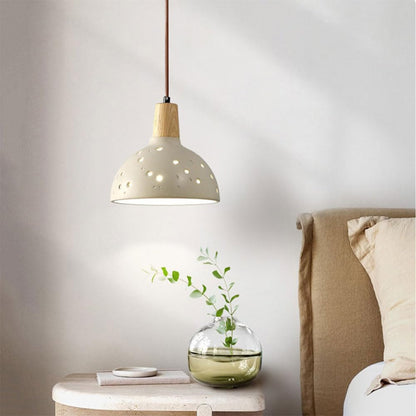 Suspension globe ajouré pois terre cuite bois scandinave
