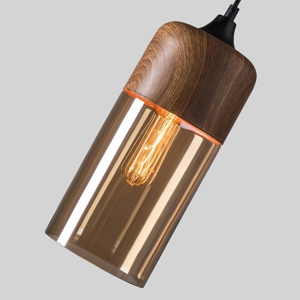 Suspension bois et verre fumé allongée bi-matière design vintage