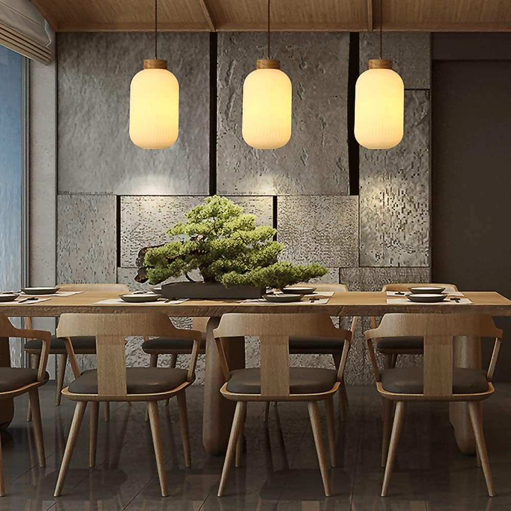 Suspension verre blanc rainuré et bois allongée design vintage