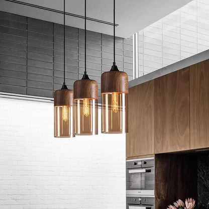 Suspension bois et verre fumé allongée bi-matière design vintage