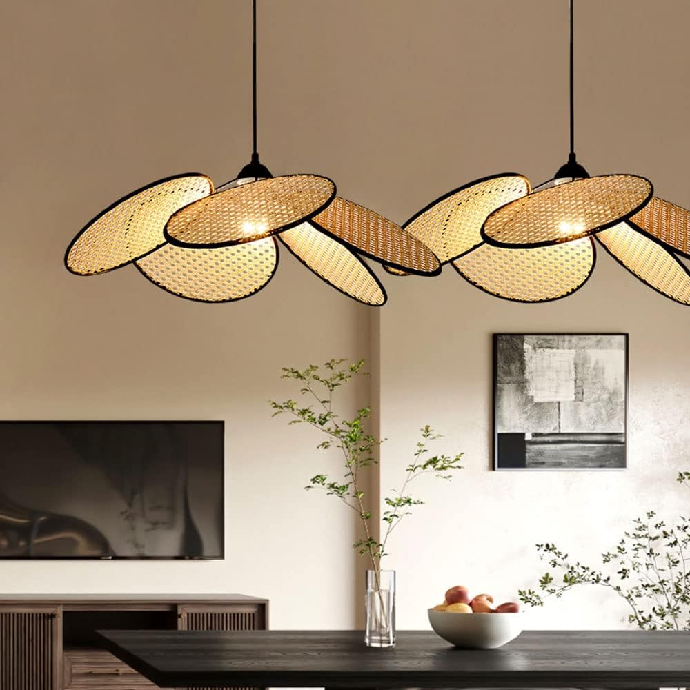 Suspension rotin et bambou cannage pétales fleur vintage