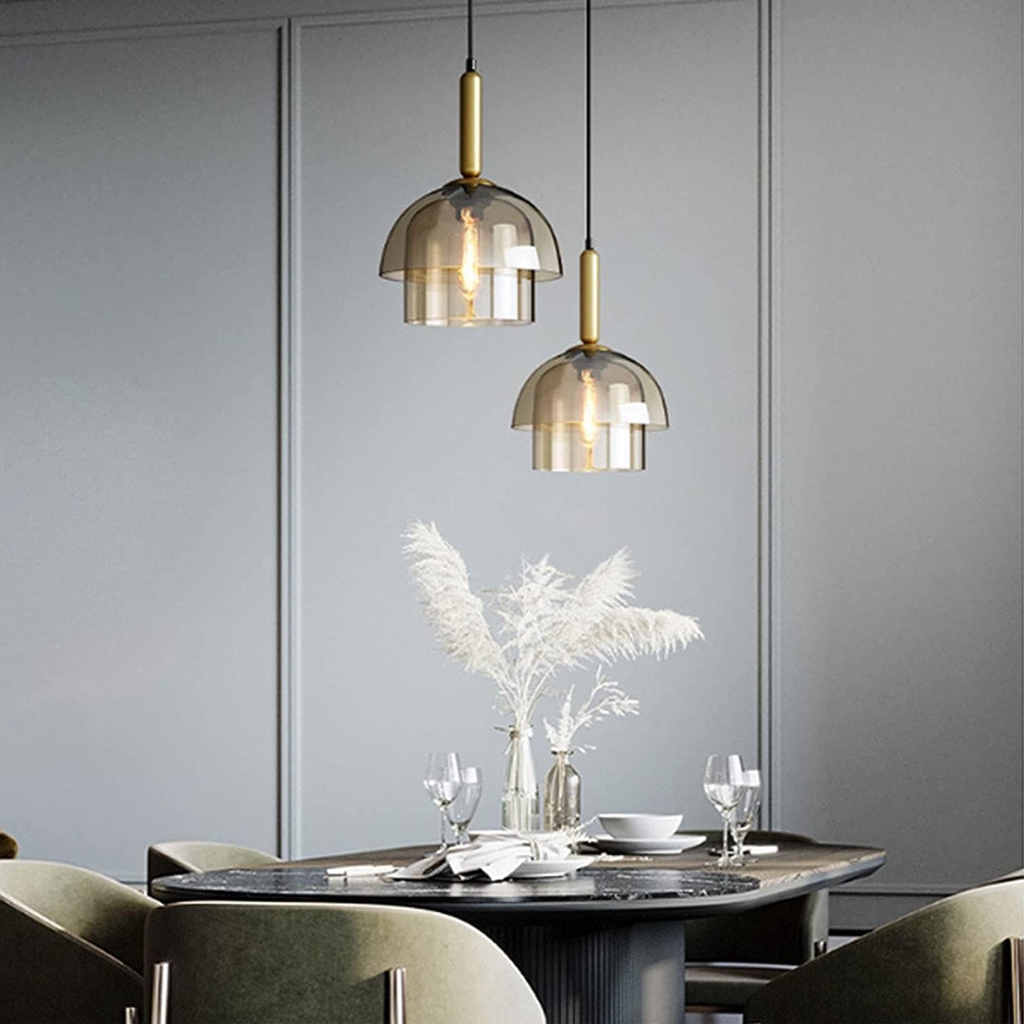 Suspension art déco en verre fumé double cloche