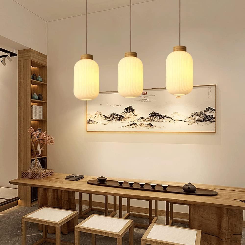 Suspension verre blanc rainuré et bois allongée design vintage