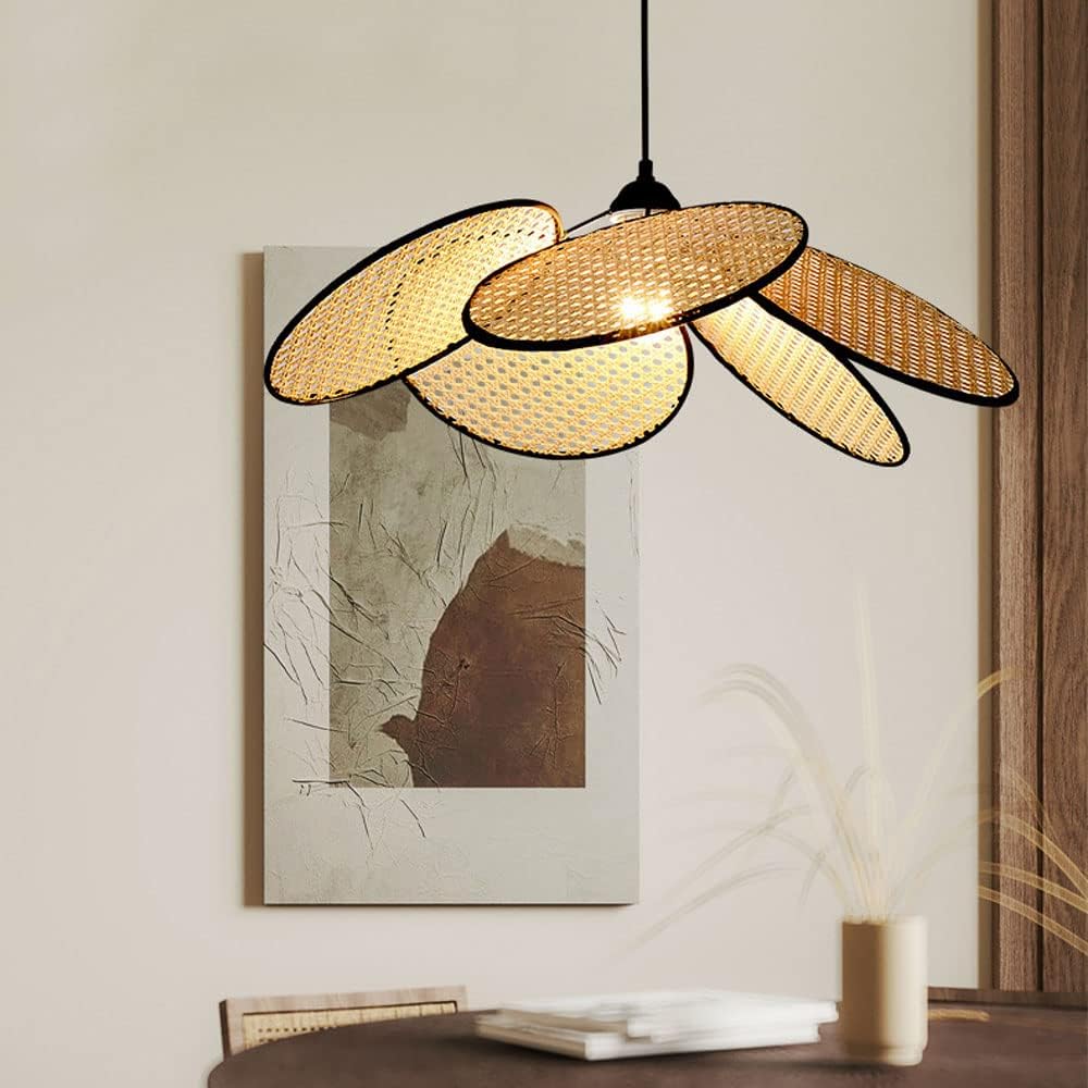 Suspension rotin et bambou cannage pétales fleur vintage