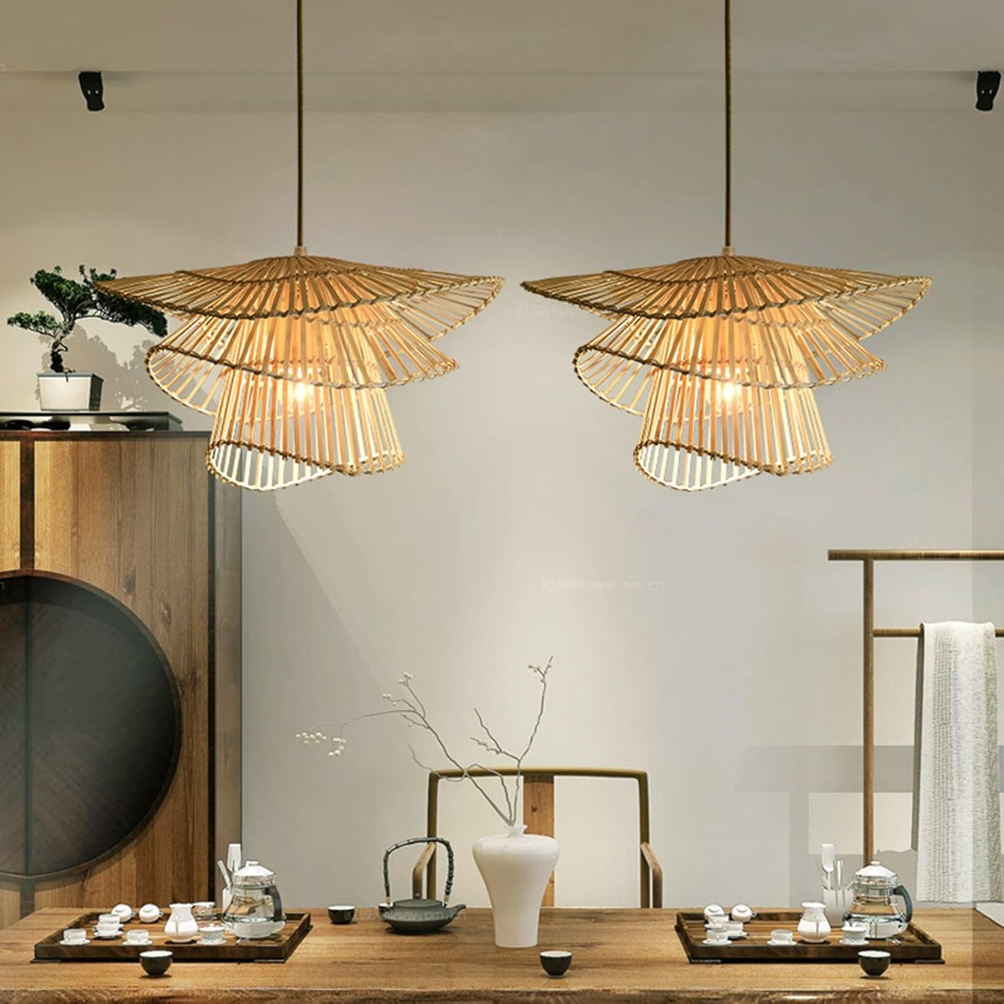 Suspension rotin et bambou vintage multicouches