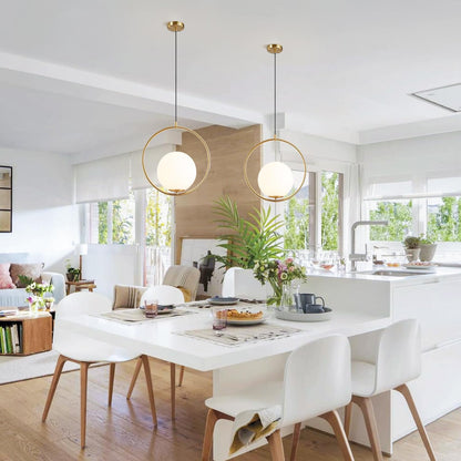 Suspension moderne boule lumineuse anneau en laiton