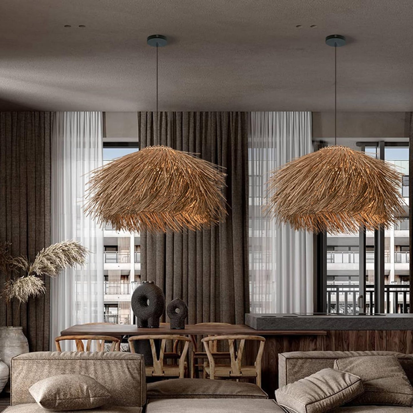 Suspension rotin paille vintage