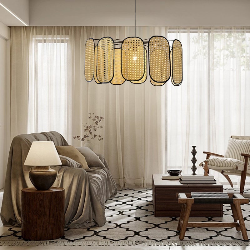 Suspension Cannage en Rotin Vintage Pales Liserés Noirs