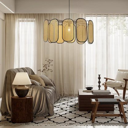 Suspension Cannage en Rotin Vintage Pales Liserés Noirs