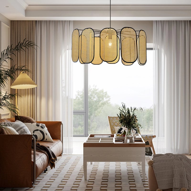 Suspension Cannage en Rotin Vintage Pales Liserés Noirs