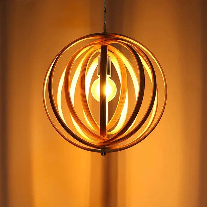 Suspension bois boule anneaux design moderne