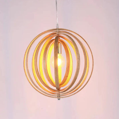Suspension bois boule anneaux design moderne
