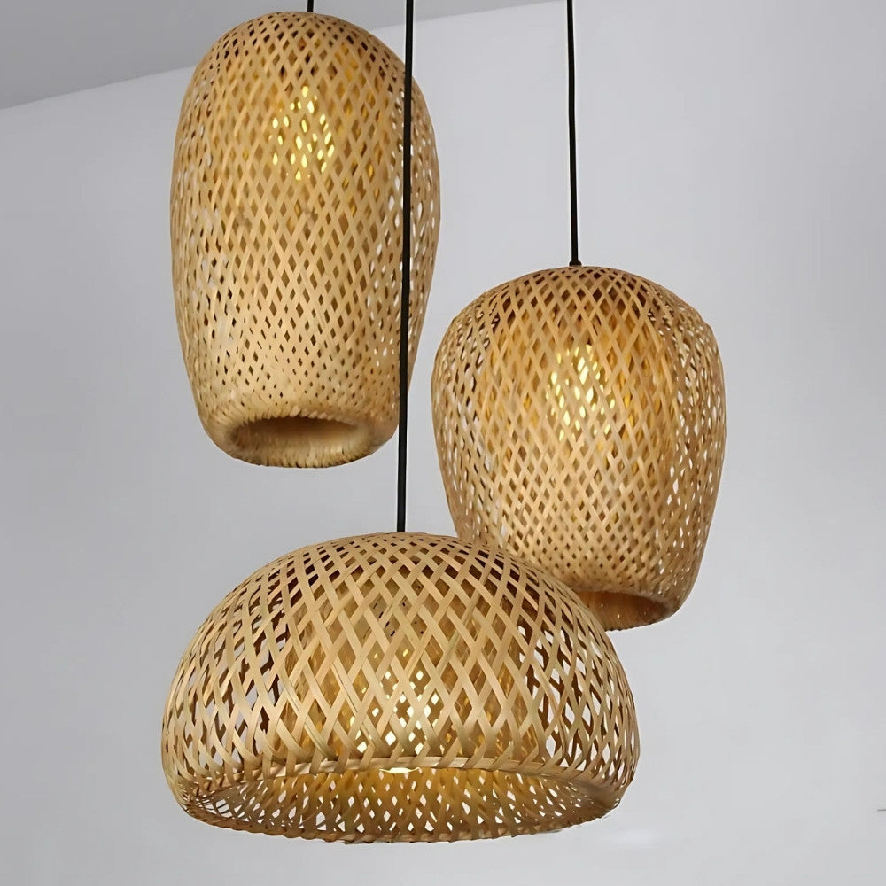Suspension rotin et bambou 3 lampes dépareillées