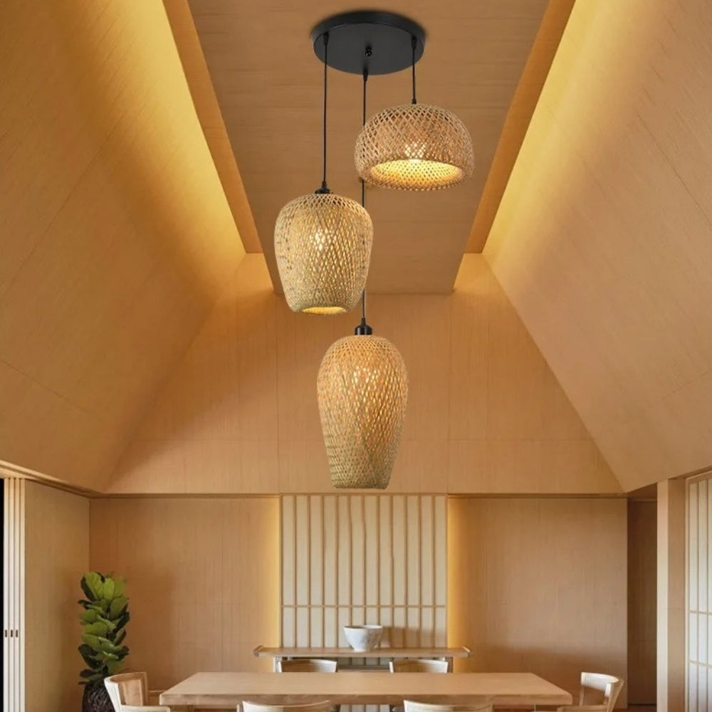 Suspension rotin et bambou 3 lampes dépareillées