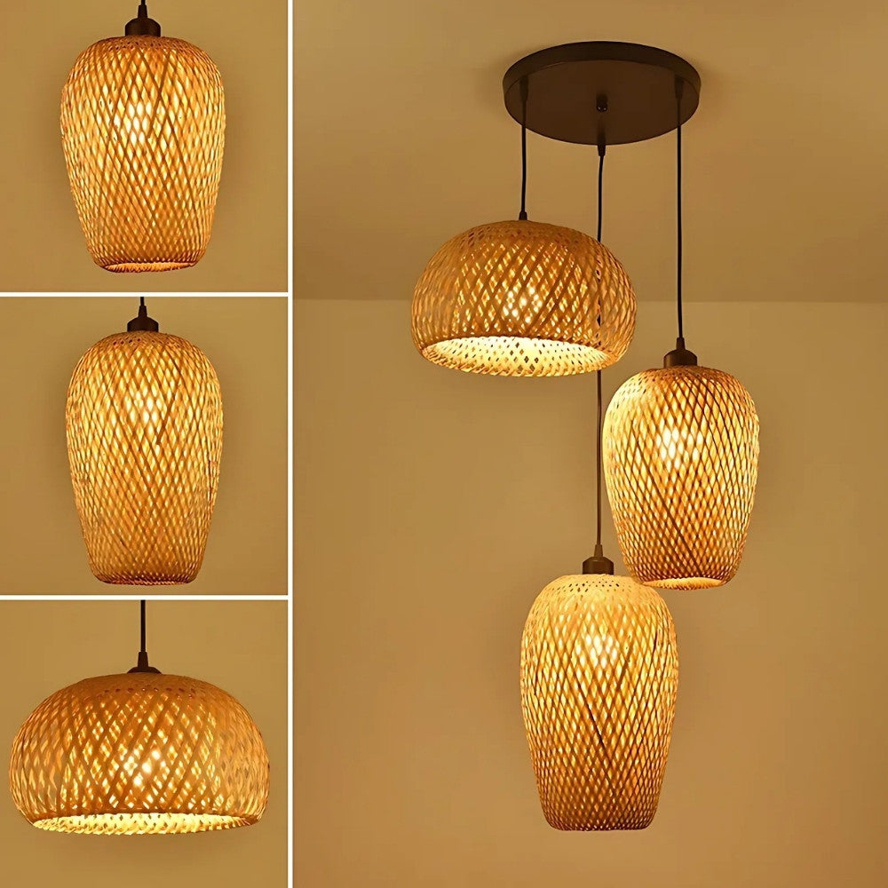 Suspension rotin et bambou 3 lampes dépareillées