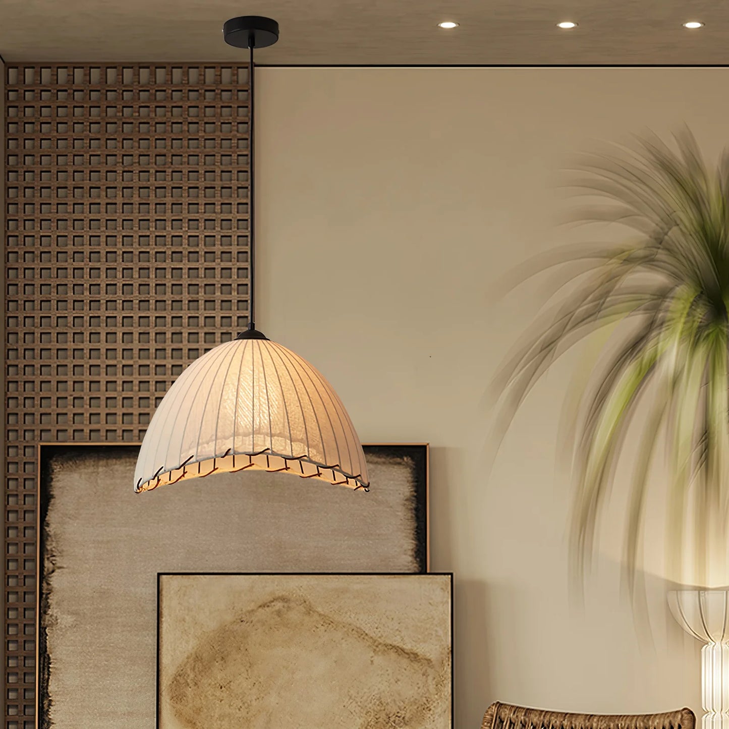 Suspension lin blanc fil noir cloche asymétrique bohème