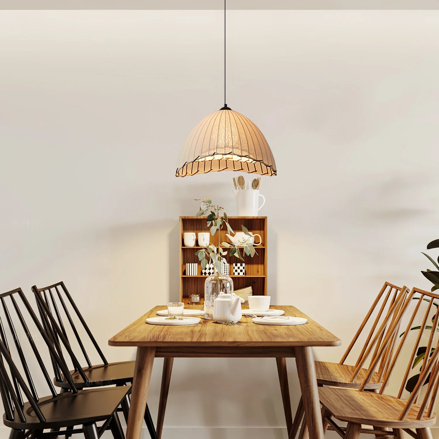 Suspension lin blanc fil noir cloche asymétrique bohème