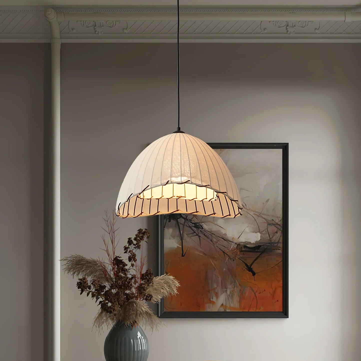 Suspension lin blanc fil noir cloche asymétrique bohème