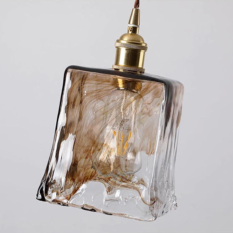 Suspension laiton et verre fumé design vintage rectangulaire