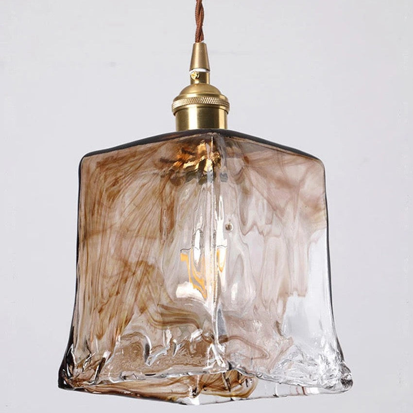 Suspension laiton et verre fumé design vintage rectangulaire