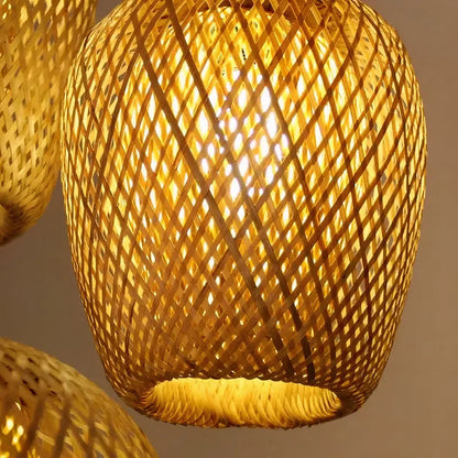 Suspension rotin et bambou 3 lampes dépareillées