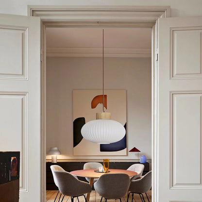 Suspension verre blanc rainurée et bois ronde plate design vintage