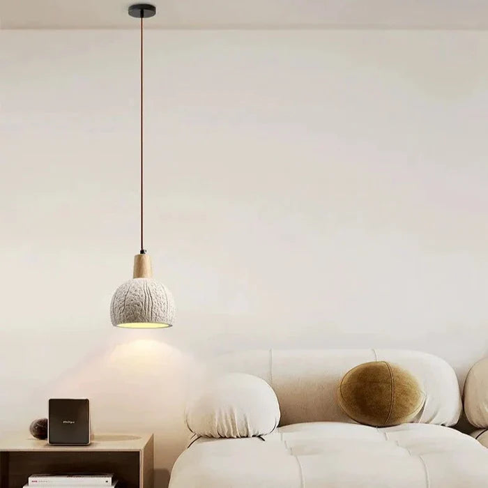 Suspension globe rainuré terre cuite bois scandinave