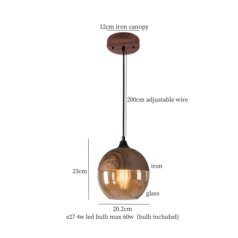 Suspension bois et verre fumé boule bi-matière design vintage 1.7