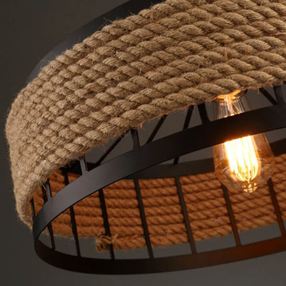 Suspension corde et métal noir cloche ajourée design industriel