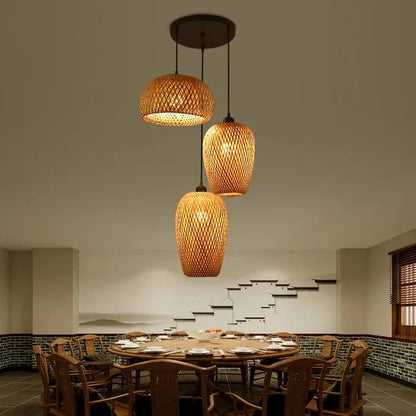 Suspension rotin et bambou 3 lampes dépareillées