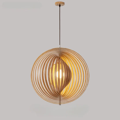 Suspension bois boule anneaux design moderne